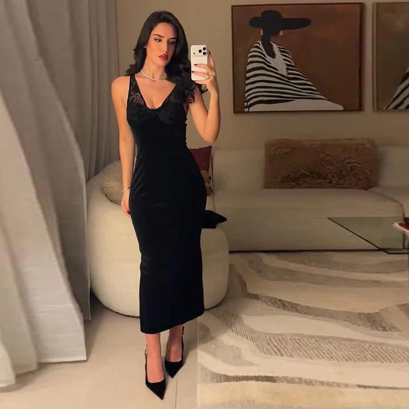 Sexy Deep V-neck Lace Spliced Sequins Long Dress Women Sleeveless Backless Hip Package Slim Dresses 2026 Spring Lady Party Gowns