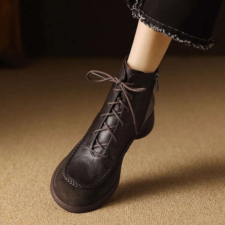 New Autumn Winter Genuine Leather Women Boots Fashion Lace Ankle Boot for Women Short Boots Shoes Chunky Heel Botines Mujer