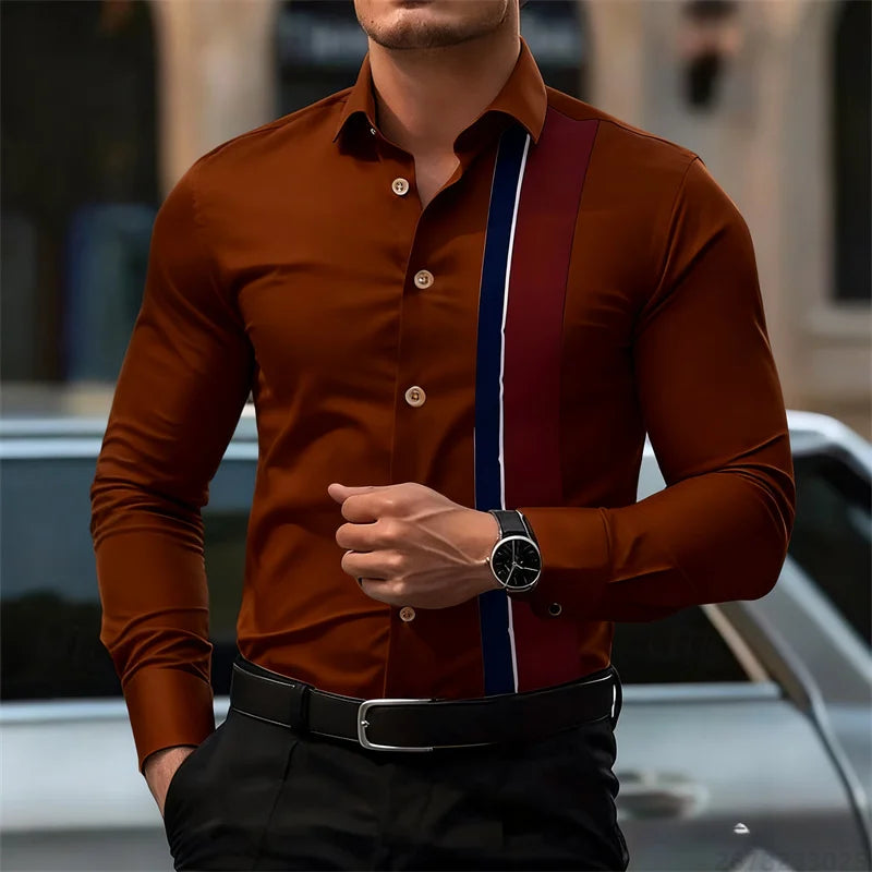 Men's fashionable contrast color striped long sleeve shirt European and American style business casual trendy casual men's shirt
