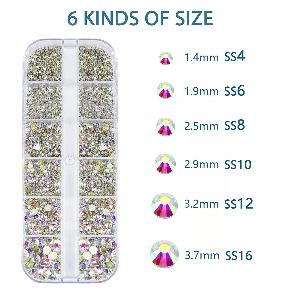 12Grid/1500PCS Shiny Crystal Nail Art Rhinestones SS4-16 Silver 3D Flatback Semicircler Nail Charms Gemstones for DIY Decoration