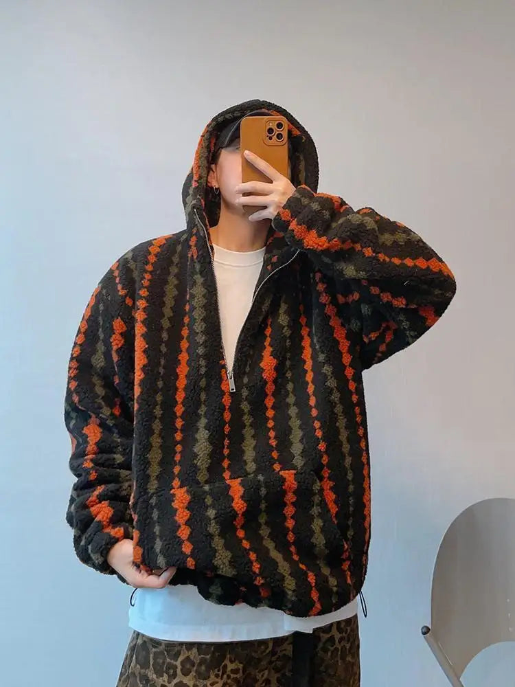 Retro Vertical Striped Autumn Winter Oversized Hooded Overcoat Men's Warm Velvet Loose Casual Half-zip Jackets Male Clothes