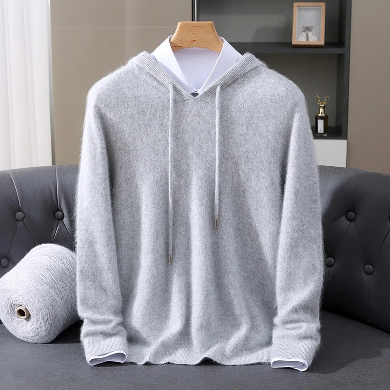 Autumn Winter New 100% Mink Cashmere Sweater Men's Solid Color Hooded Pullover Knitted Sweater Loose Casual Top For Outdoor Wear
