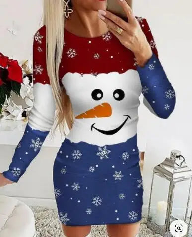 Christmas Women's Dresses 2024 Autumn Long Sleeve Fashion Snowflake Elk Print Casual O-Neck Daily Skinny Mini Dress
