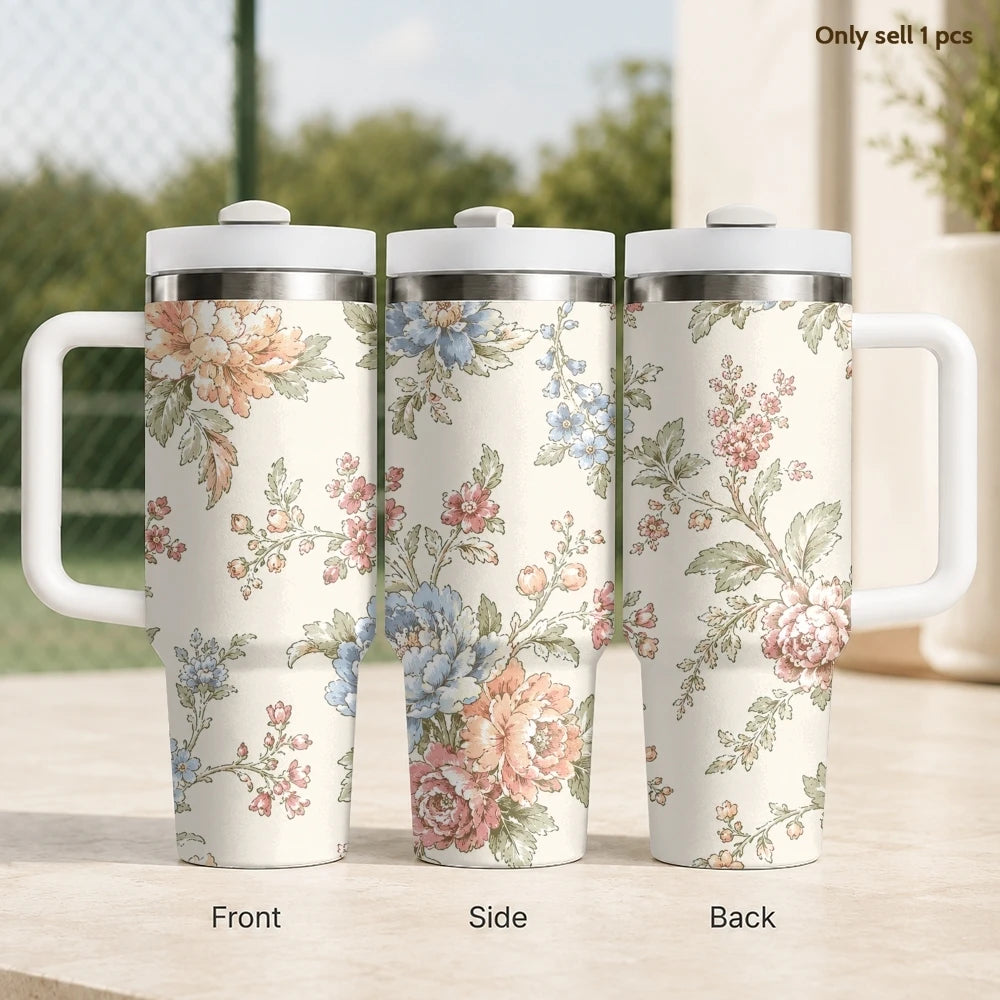 Floral Seamless Patterns Vacuum Flasks 40oz Stainless Steel Insulated Tumbler With Handle & Straw Leakproof Travel Mug