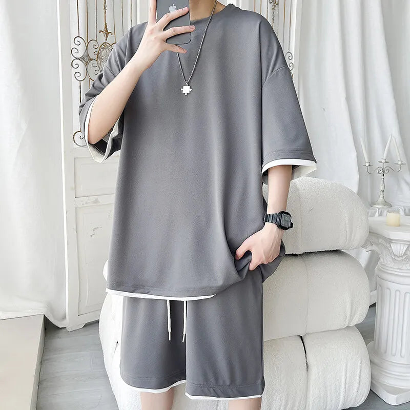 Men's Solid Color 2-Piece Outfit Short Sleeve T-Shirt & Drawstring Elastic Waist Shorts Set Casual Lounge & Streetwear Clothing
