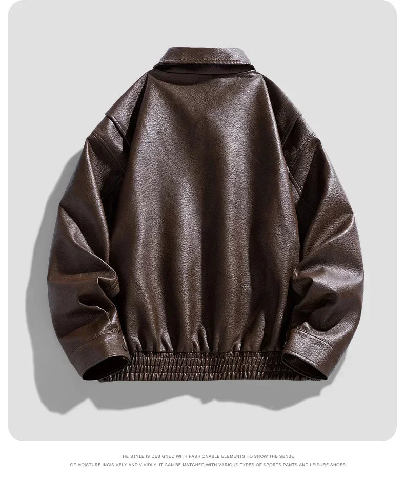 Men Trend Motorcycle Leather Jacket Bomber Pilot Retro Loose Pu Short Leather Jacket Autumn Winter New Lapel Big Pocket Coat