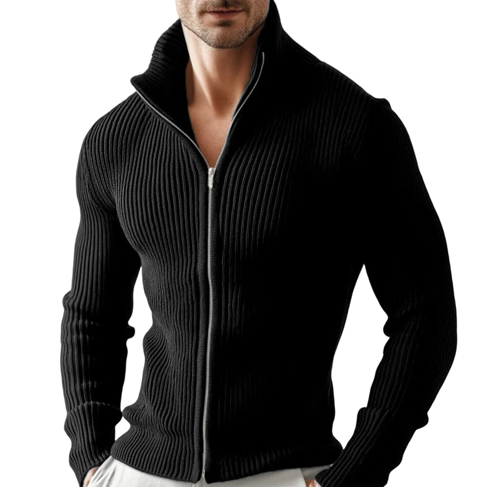 Men Full Zip Stand Collar Cardigan Sweater Knitted Thick Warm Outerwear Jacket for Daily Casual and Outdoor Wear in Cold Weather