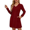 Women's Autumn Ribbed Knit Sweater Casual Long Sleeve V-Neck Belted Dress Pocket Short Skirt
