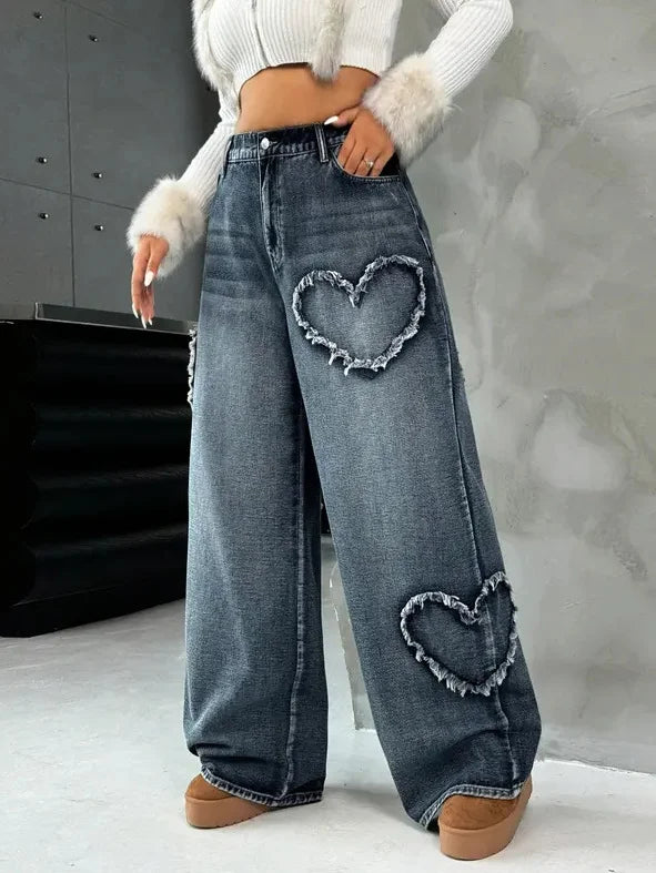 Women Retro Heart Raw Edge Spliced Jeans Heavy Washed Loose Straight Wide Leg Denim Pants Spring Autumn Casual Trousers