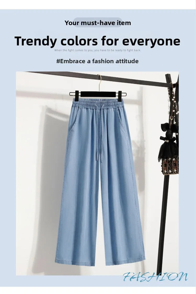 Women's Summer Slim Straight Leg Jeans Wide Leg Ice Silk Casual High Waist Trousers Cotton Polyester Blend No Ironing Needed