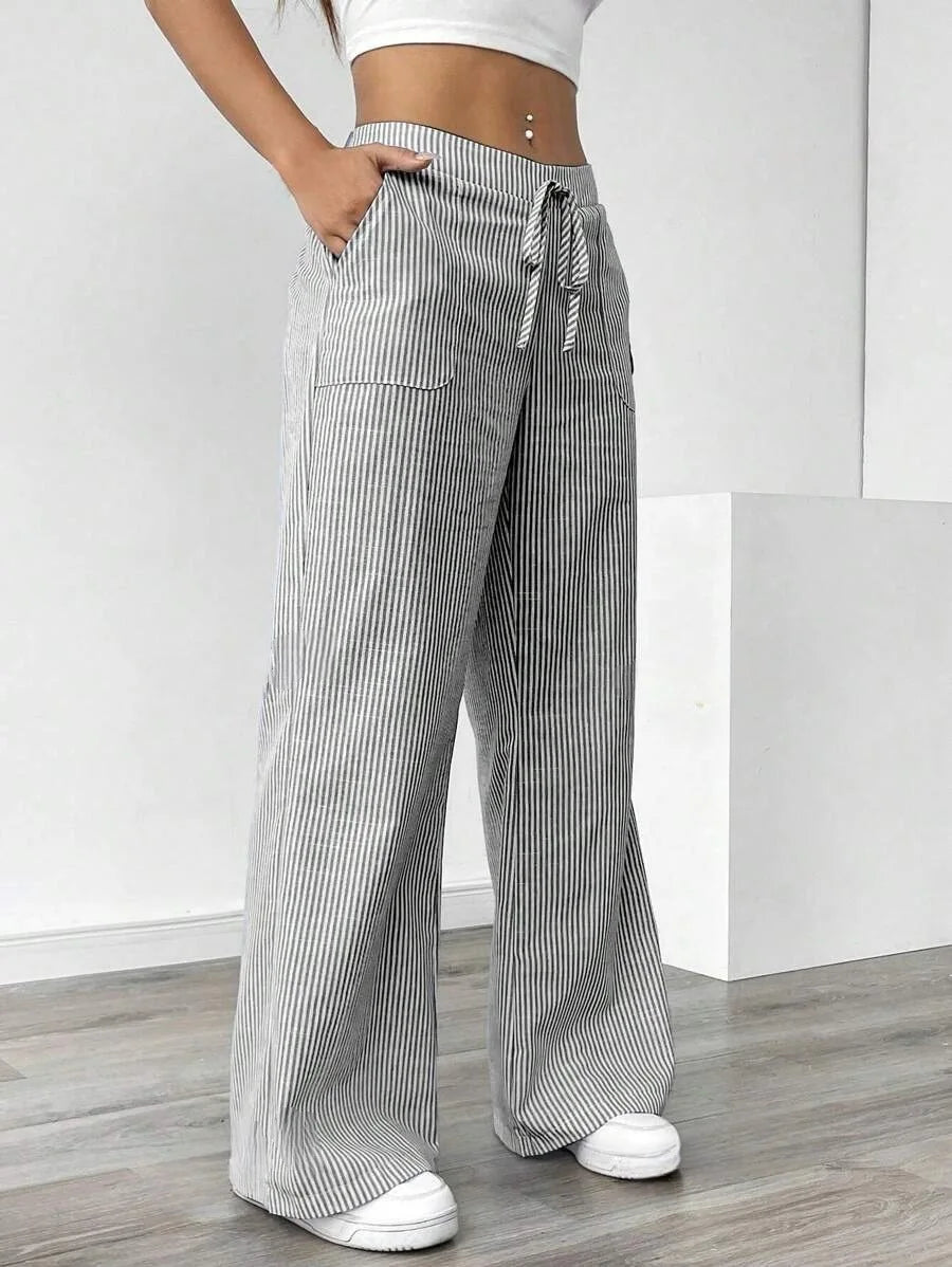 Summer Striped Wide Leg Pants Women High Waisted  Drawstring Loose Fit Slimming Casual Straight Leg Harem Pants Female Trousers