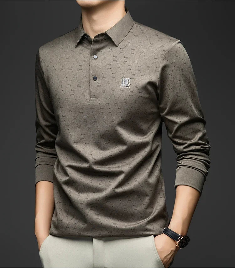 BROWON 2026 Spring Autumn Elegant Polo Shirts for Men Long Sleeve Lapel Color Printed Soft Comfortable Males Tops and Tees
