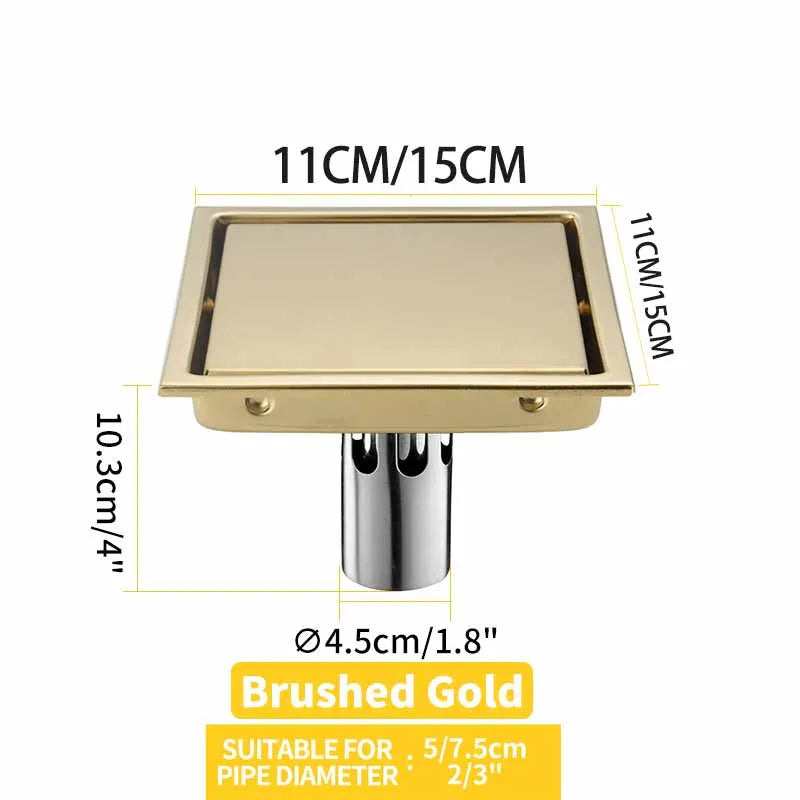 Square Shower Drain Tile Insert Anti Odor Stainless Steel Floor Drain Kit with Removable Grate Cover Hair Strainer Black Gold