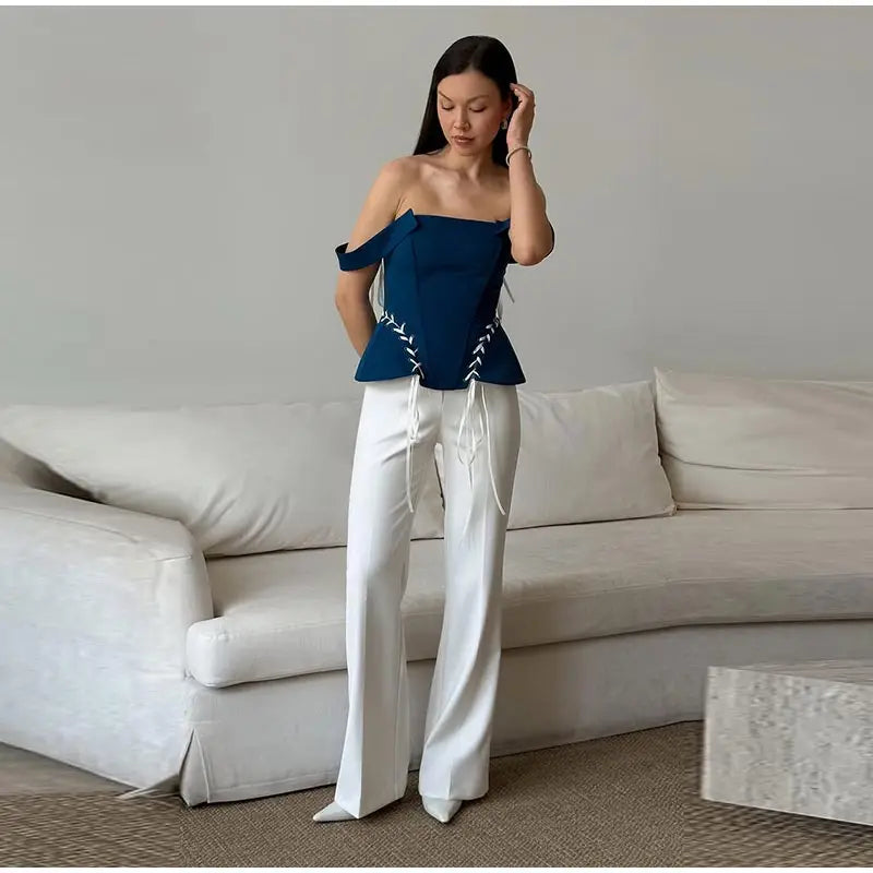 Elegant Off Shoulder Blue Tube Top Women's Contrast Lace Up Waist Cinched Corset Tops 2026 Summer New Lady Fashion Streetwear