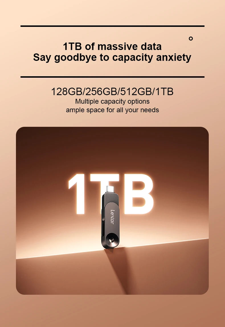 Lexar USB 3.2 Type-C and Type-A Flash Drive Metal Pendrive 128GB 256GB 512GB 1TB Max 400Mb/s U Disk for Xiaomi Huawei iPhone 15