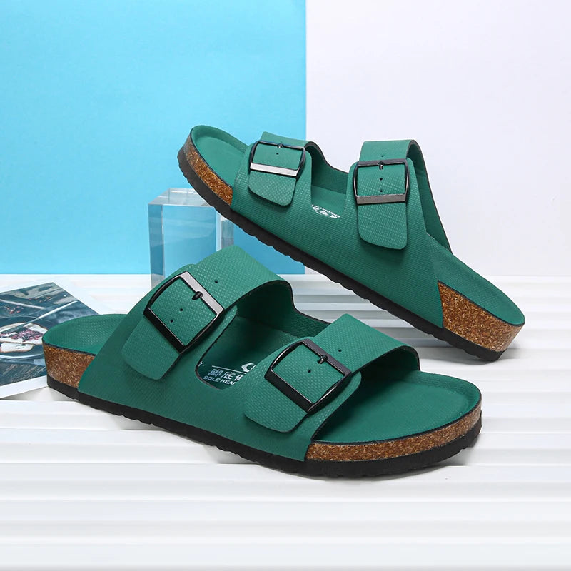 Summer Men Women Cork Slippers Clogs Microfiber Leather Slides Casual Slip On Sandal Double Buckle