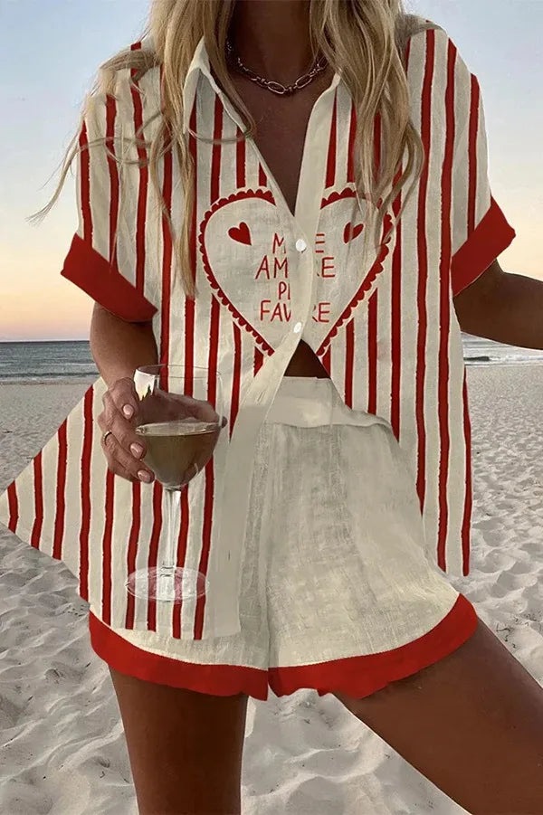 Fashion Print Beach Holiday Set For Women Summer New Short Sleeve Buttoned Shirt Wide Legs Shorts Oversized Two Piece Set
