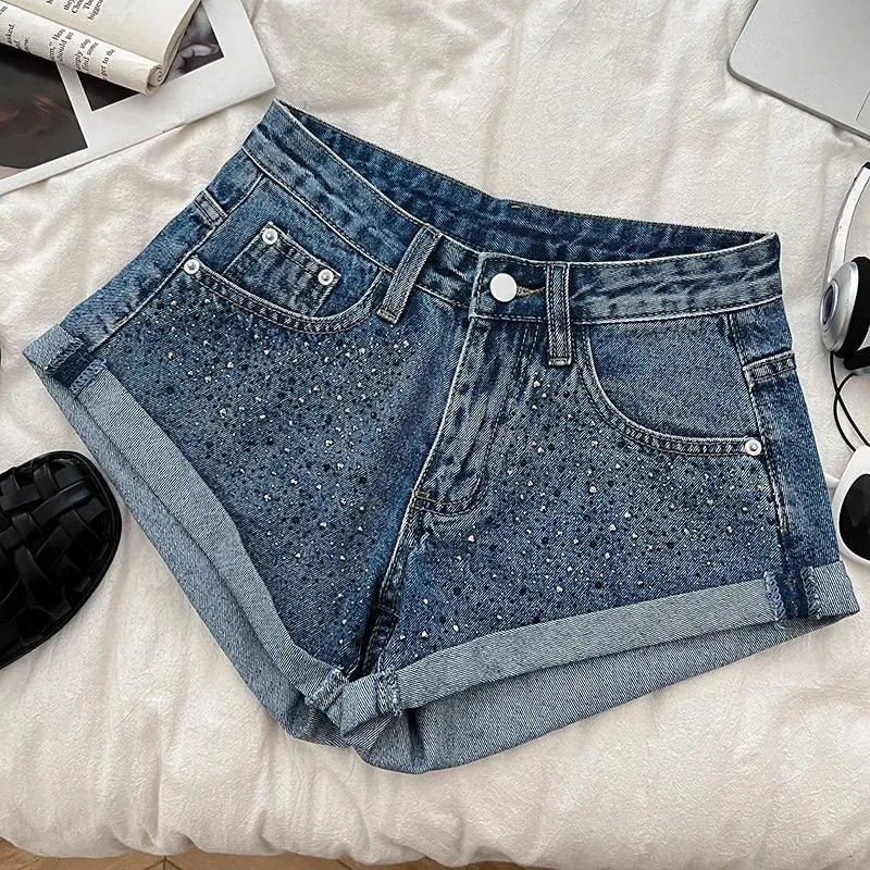 Retro Fashion Rhinestone Denim Shorts Women Pink Summer New A-Line Wide Leg Jeans Ultra Short For Hot Girls Bottoms