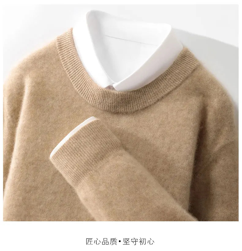 100% wool men's round neck solid color loose knit cashmere pullover for business and leisure, keeping warm in autumn and winter