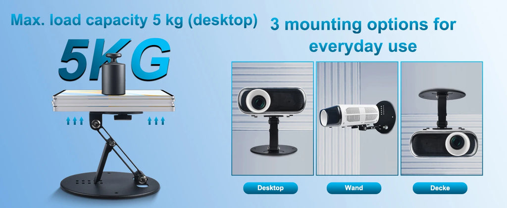Desktop Projector Mount 180° Adjustable 3-in-1 Mounting Options Universal 1/4" Screw Sturdy Portable Max Load-Bearing 11 Pounds