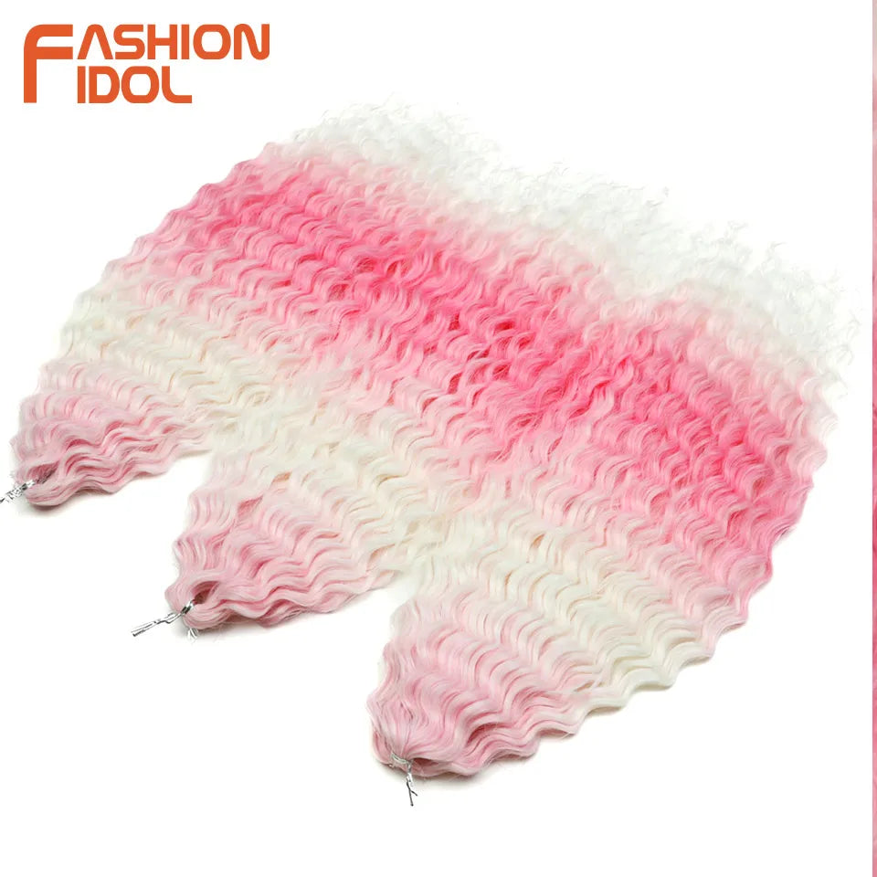 FASHION IDOL 24 Inch Ariel Hair Synthetic Crochet Curly Hair Water Wave Braid Hair Ombre Pink Deep Wave Braiding Hair Extensions