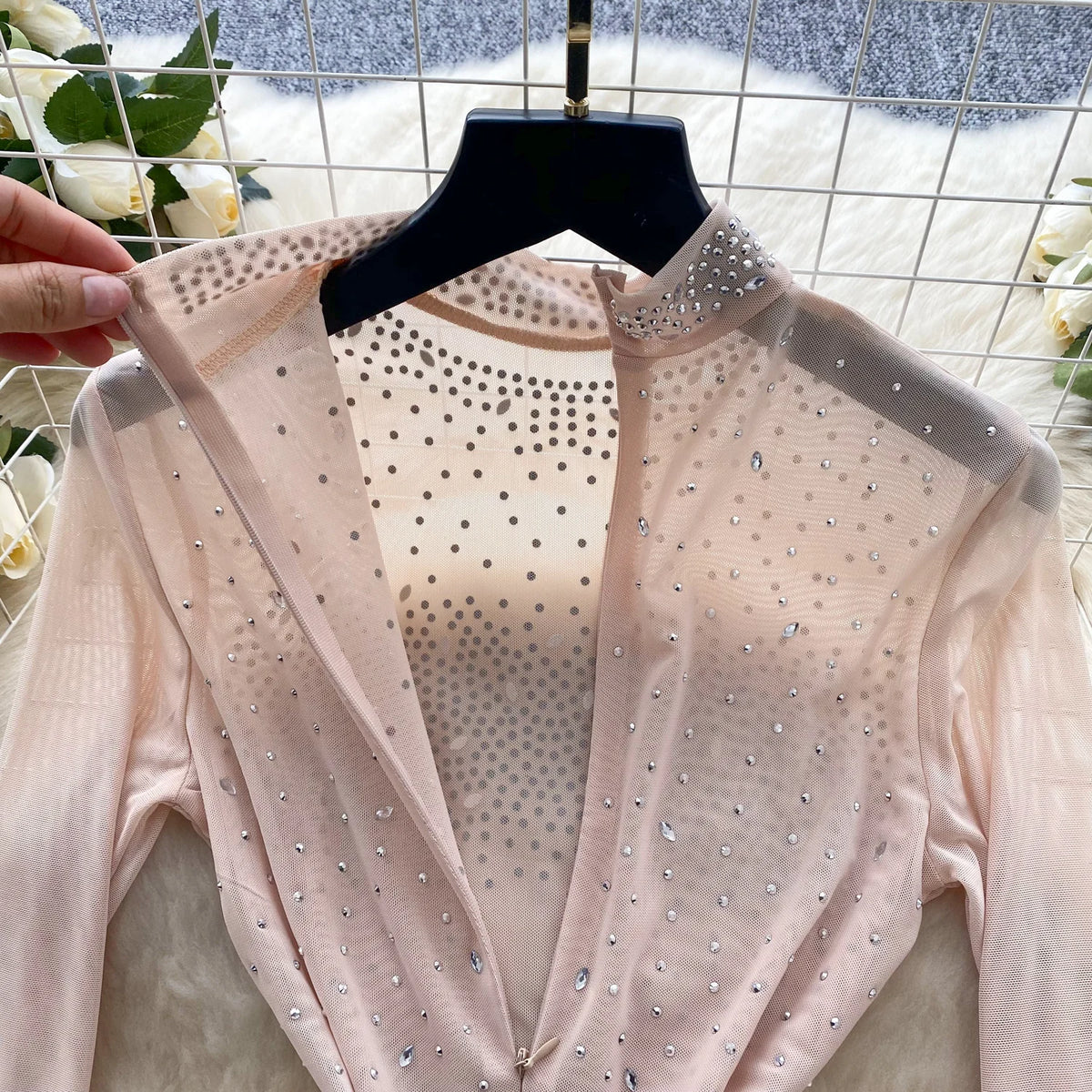 SINGREINY Summer Thin Sheer Sexy Bodysuit Long Sleeve Zipper With Shorts Design Rompers Beadings Streetwear Women Mesh Playsuits