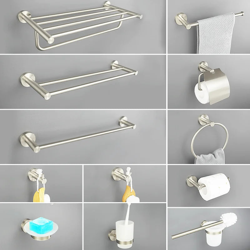 Brushed Nickel Wall Mount Stainless Steel Bathroom Hardware Set Towel Bar Towel Ring Paper Holder Robe Hook Bathroom Accessories