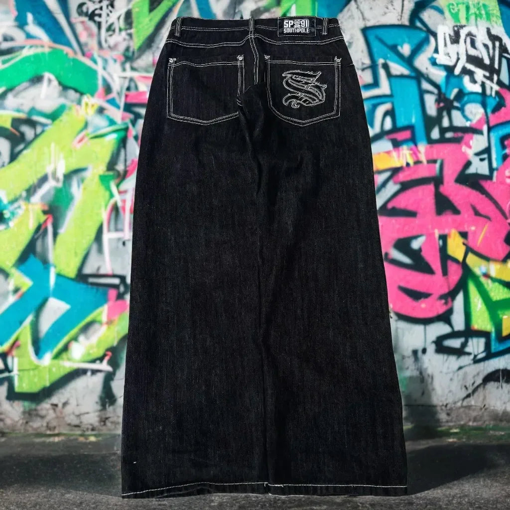 Vintage Denim Gold Wings Embroidered Baggy Jeans Women Streetwear Washed Light Blue Spicy Girl Micro Bellbottom Wide Leg Pants