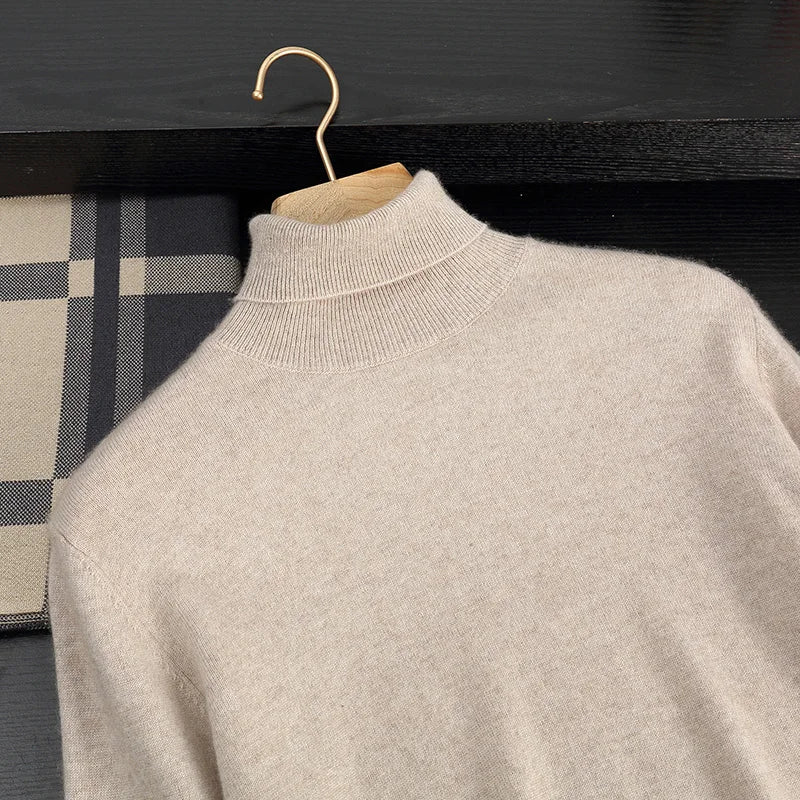 Autumn/Winter Men's 100% Cashmere Pullover Business Casual Solid Knitted Sweater Loose High Collar Tops Basic Thick Warm Jumper