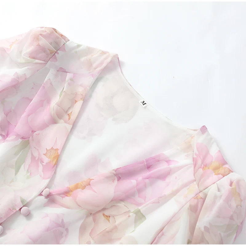 Organza Floral Printed Maxi Dress V-neck Puff Sleeve 2026 Spring/summer Romantic Women Party Gown Fashion Elegant Lady Vestido
