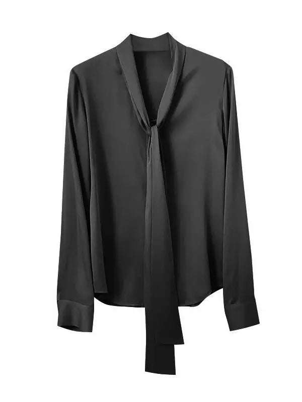 SuyaDream Women's Silk Blouse Long Sleeve Bow Collar Office Chic Solid Color Shirt 93% Silk 7% Spandex Spring 2025