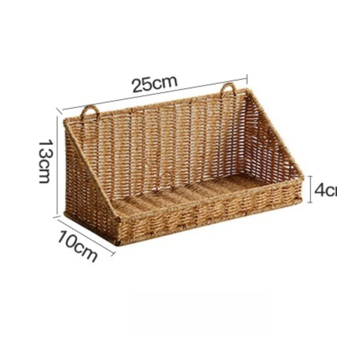 Woven Imitation Rattan Wall Mounted Storage Basket Slanted Shelf Organizer for Kitchen Living Room Bathroom Bedroom Balcony