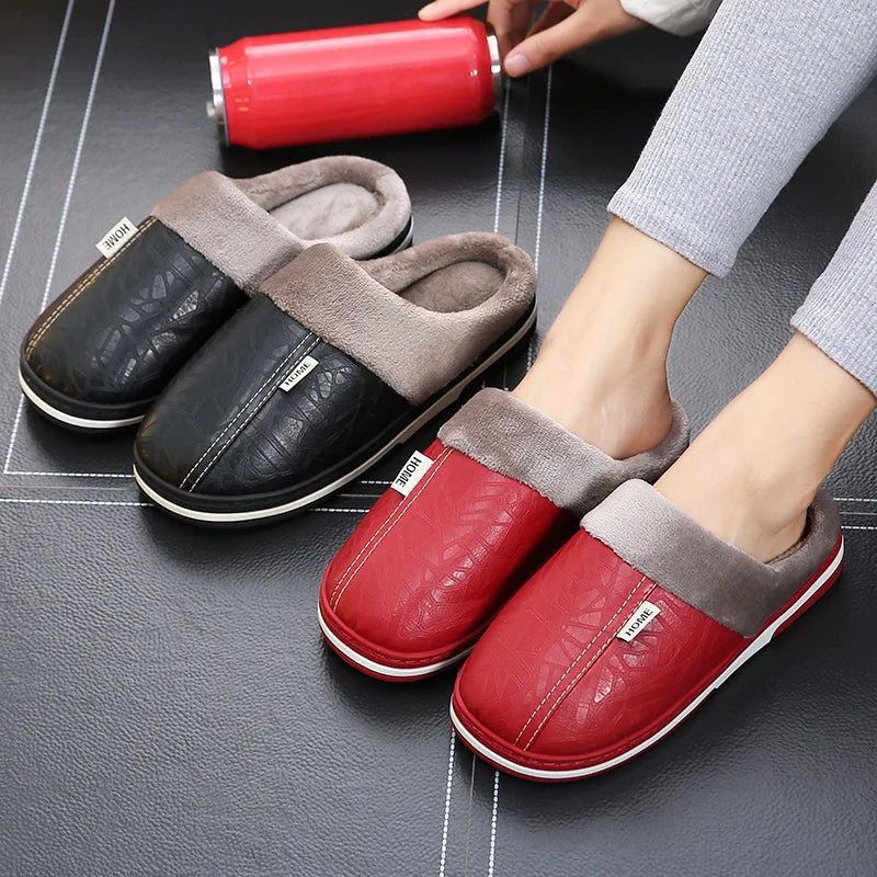 Big Size 50-51 Men Slippers Winter PU Leather Warm Indoor Waterproof Home Furry Flats Couples Slides Bedroom Non Slip Shoes