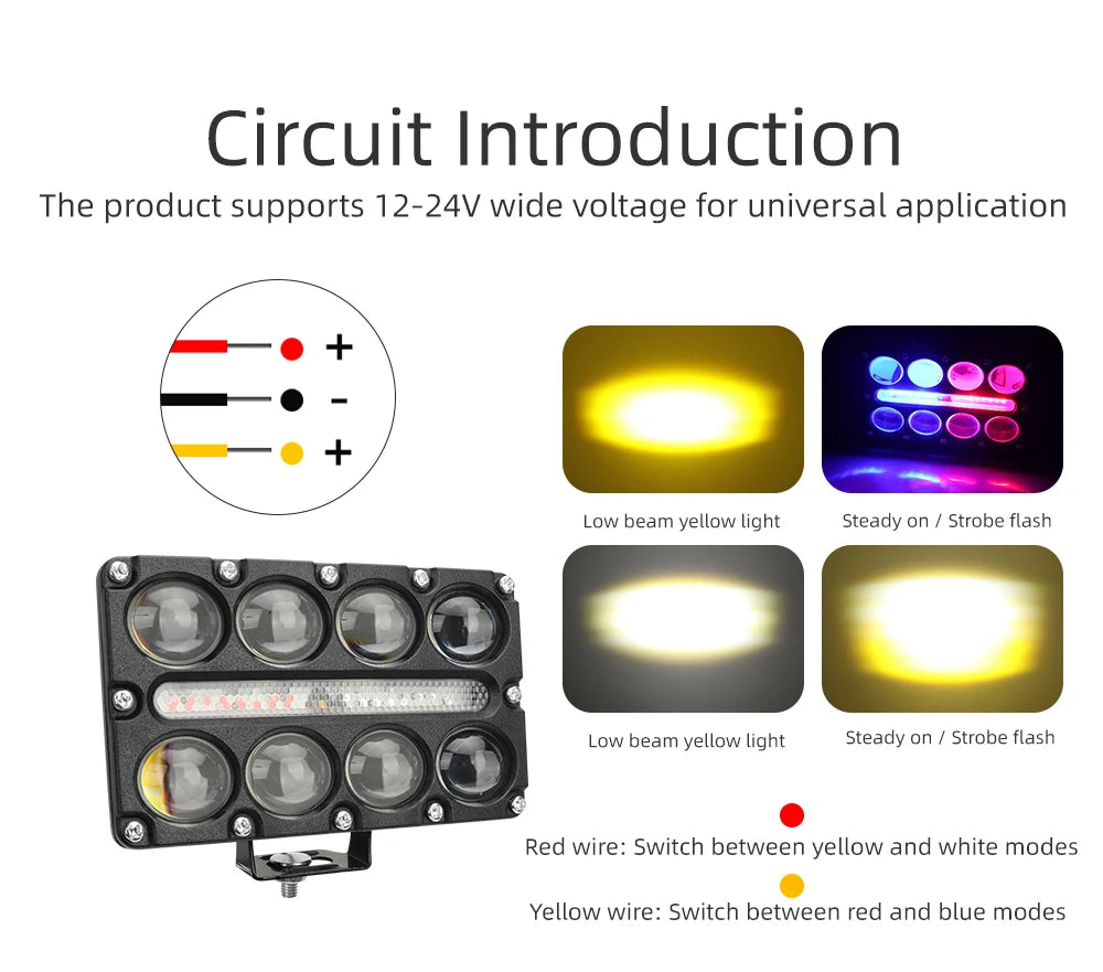 8 Lens Projector Motorcycle LED Spotlight DRL Strobe Flashing Auxiliary Fog Work Light Universal For Car Truck SUV UTV Off‑Road