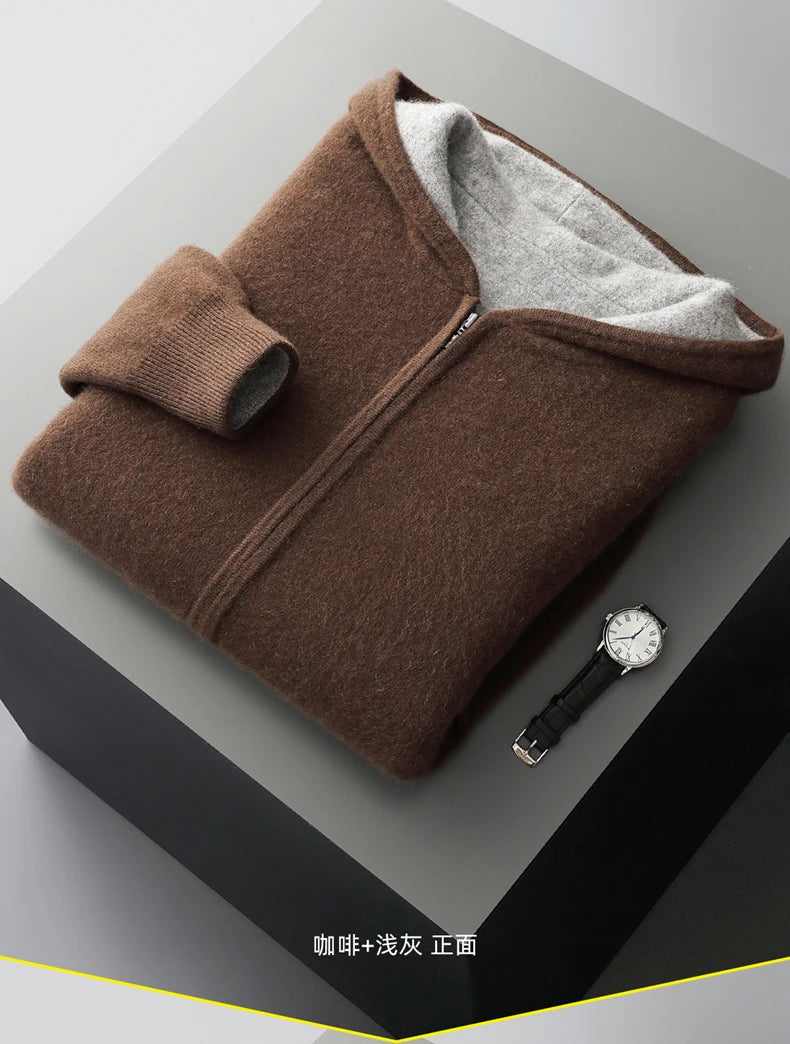 New Men's 100% Merino Wool Double Sided Wearable Hooded Sweater Casual Autumn Winter Coat Long Sleeved Men's Wool Sweater Tops