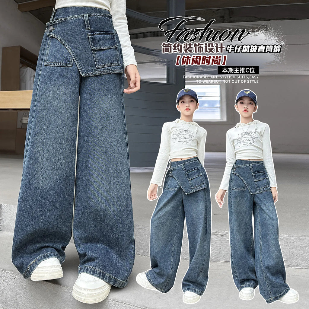 Girls' fart curtain jeans spring autumn new style teens children's straight tube loose wide leg pants retro blue casual pants