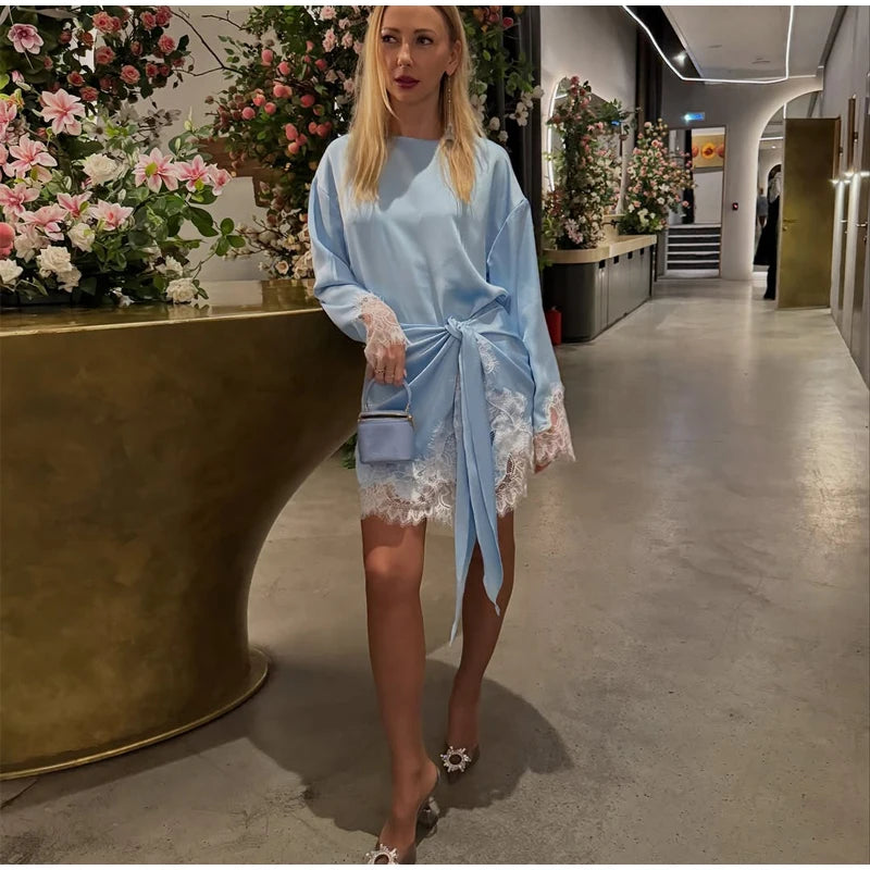 Satin Lace Patchwork Dress Women Long Sleeve O-neck Casual 2026 Spring Female Dresses Casual Solid Beach Robe Not Contain Pearls