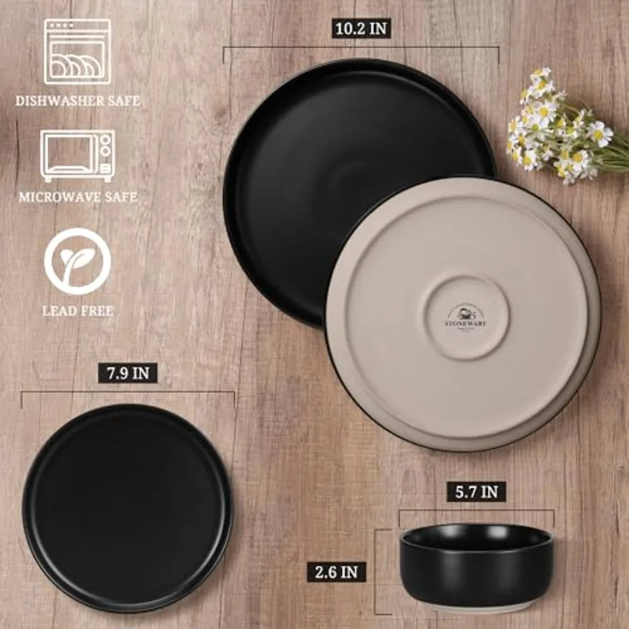 Stoneware Dinnerware Sets, 12-Piece Plates and Bowls Set for 4, Dishes Set for Home Restaurant, Frosting Black