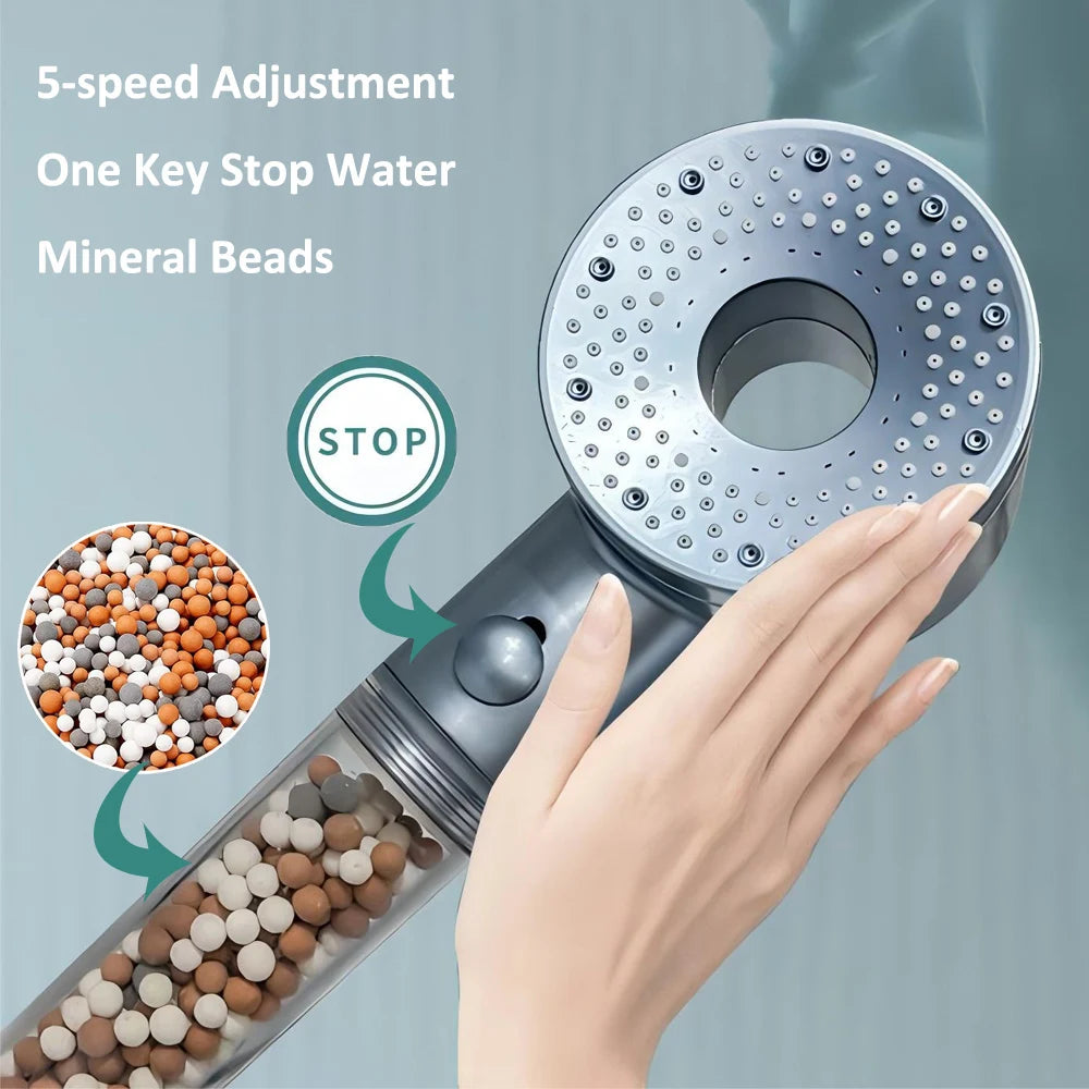 5 Modes Pressurized Shower Head with Mineral Ball Filter High Pressure Spray Nozzles Stop Button Showerhead Bathroom Accessories