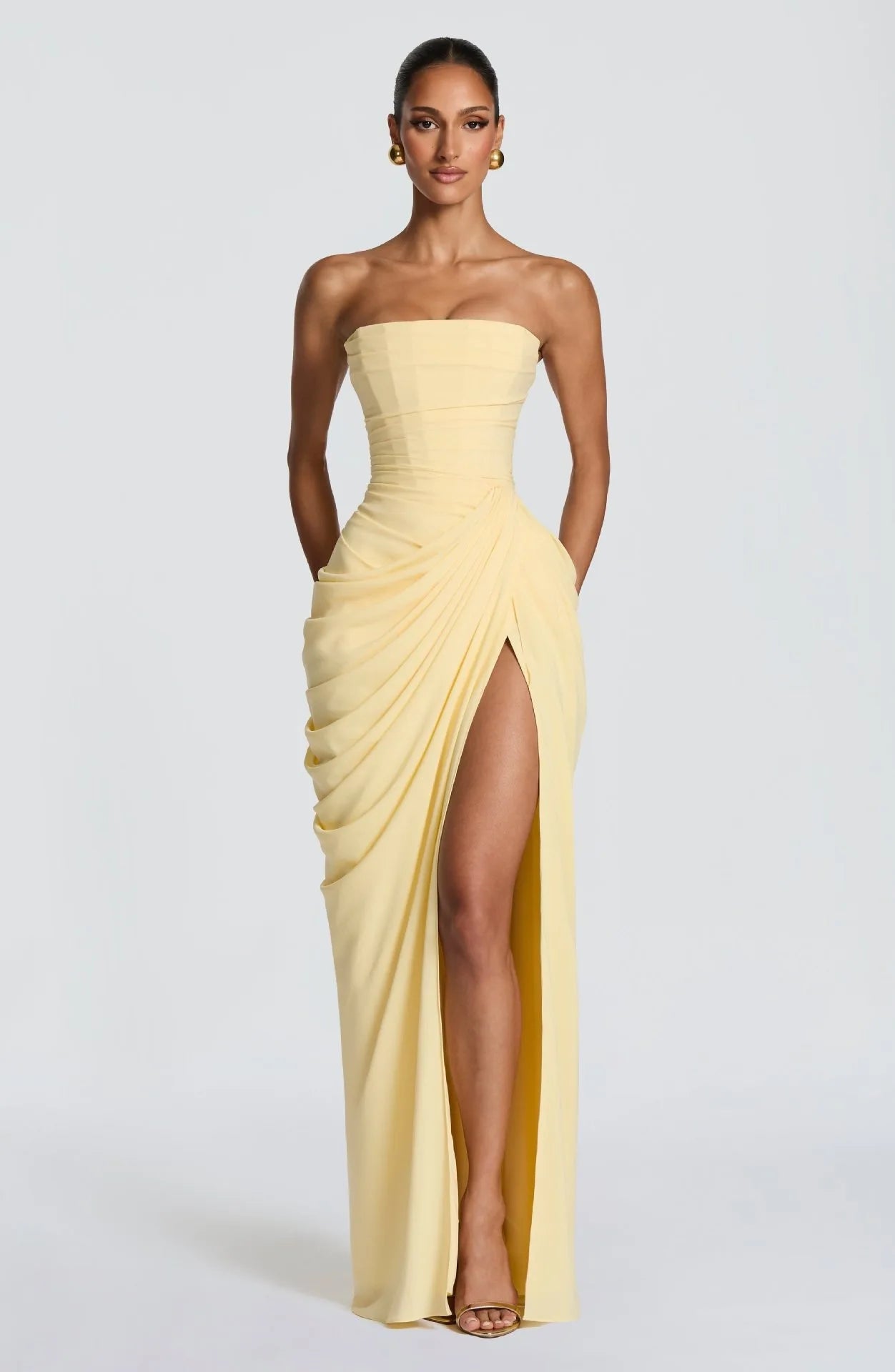 Elegant Backless Long Skirt Solid Color Simple High-Grade Waist Side-Opening Design Sexy Dinner Dress Celebrity Style