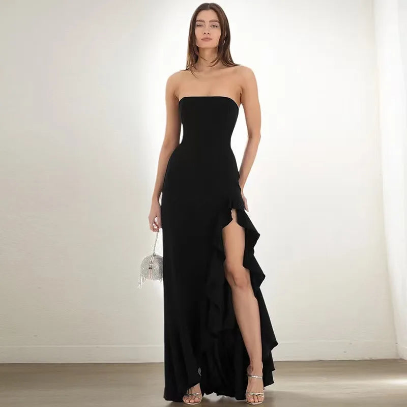 Fashion Off-shoulder Strapless Backless High Split Maxi Dress Sexy Solid Sleeveless Bodycon Boho Gown Summer Party Holiday Ware