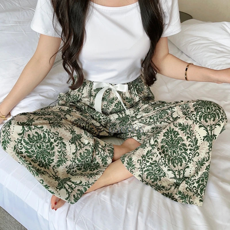 2025 Summer Sleeping Pants Women Thin Bottoms Spring Large Size Home Wear Pants Pajamas Flower Print Loose Cute Beach Trousers