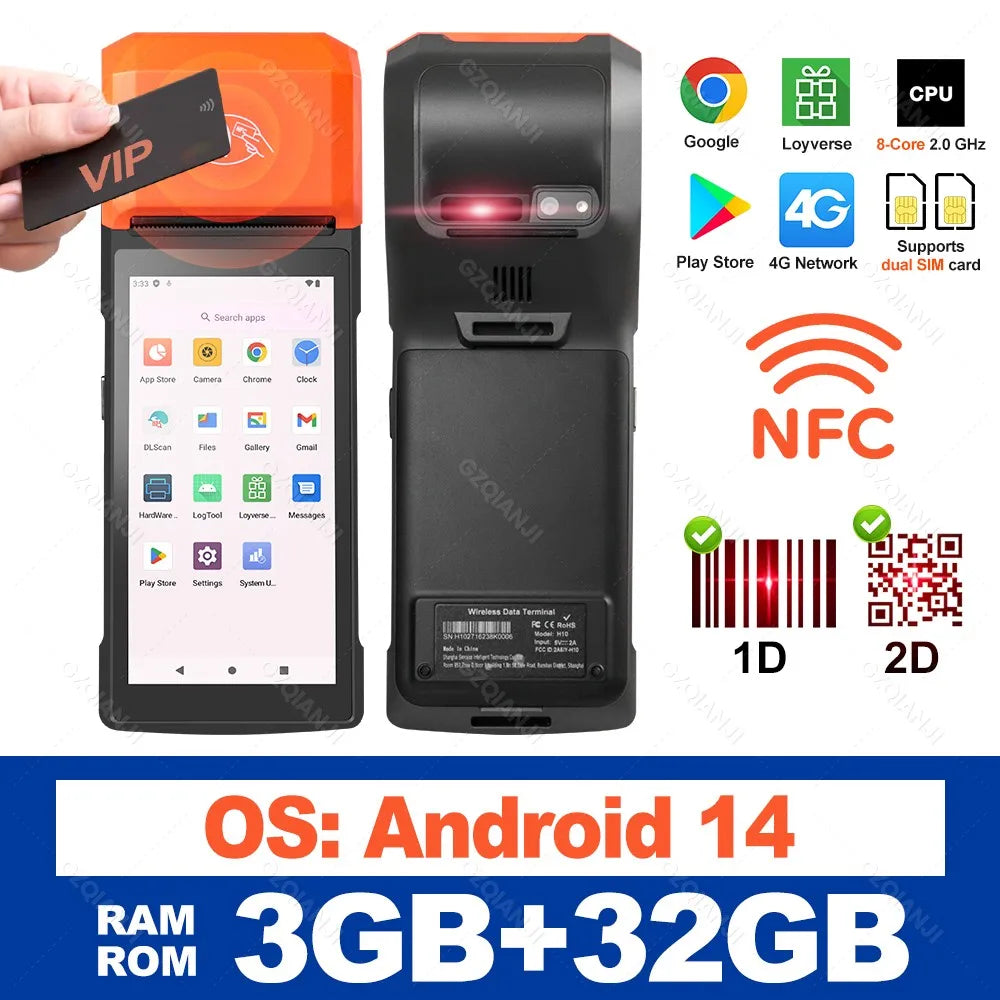 New 4G Android 13 POS PDA Terminal 1D 2D Barcode Scanner Reader Built-in Thermal Receipt Bill Printer Handheld Wifi NFC Loyverse
