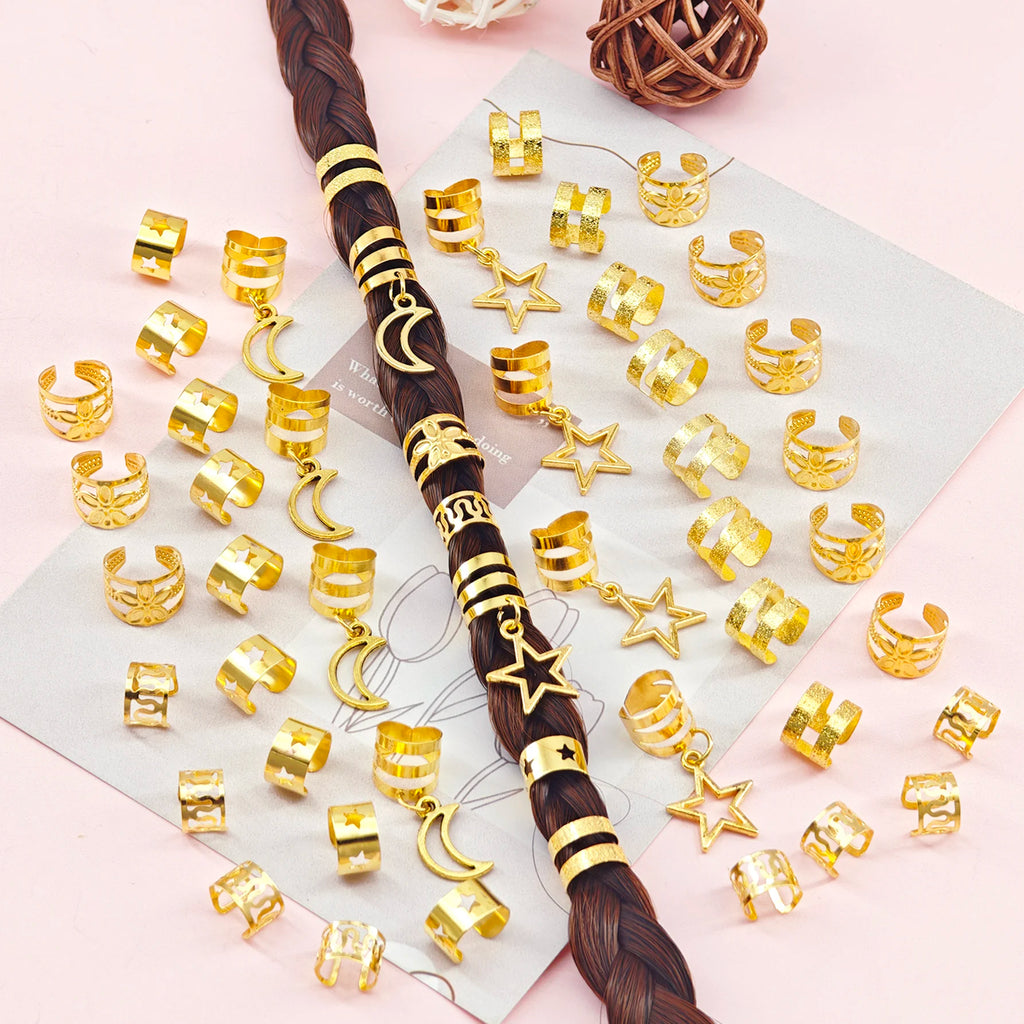50pcs Golden Star Moon Hair Clips Braid Jewelry Dreadlock Accessories Loc Adornment for Braids Decoration