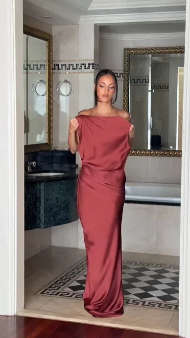 Solid Satin Cowl Neck Women's Dress Elegant Sleeveless Ruched Waist Fishtail Bodycon Lady Vestido 2026 Summer Party Dresses