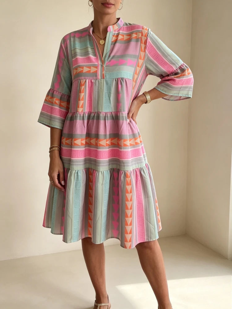 2026 Summer Women Boho Geometric Tiered Midi Dress  Flare Sleeve Contrast Patchwork Loose  Beach Vacation Women's Casual Dresses