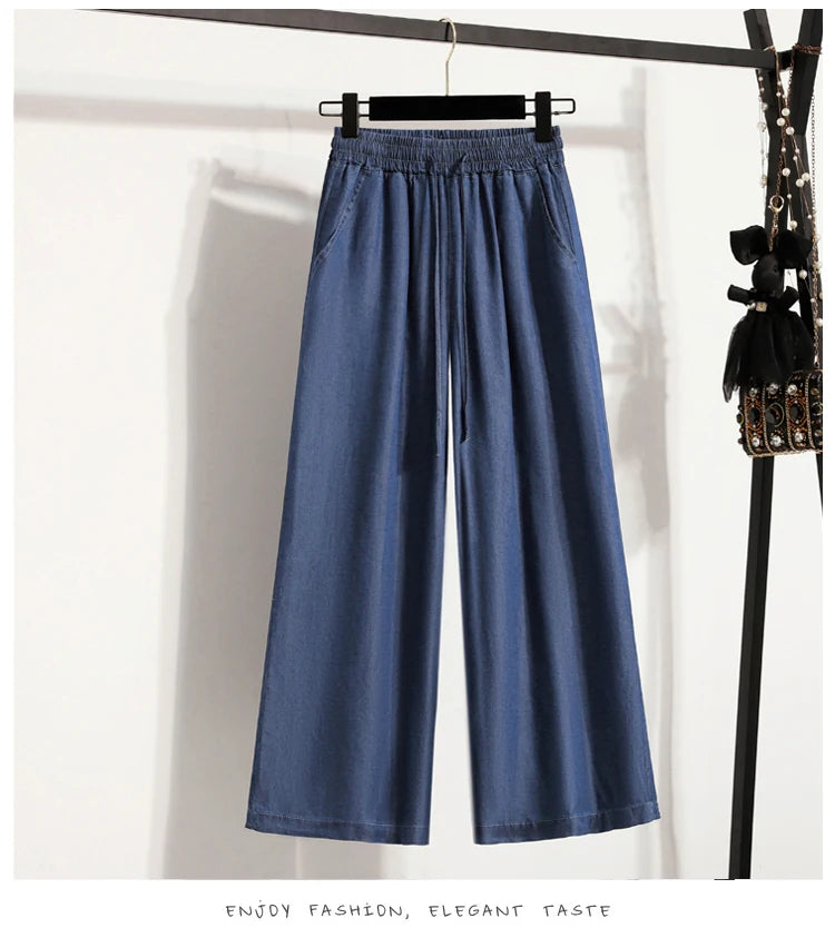 Women's Summer Slim Straight Leg Jeans Wide Leg Ice Silk Casual High Waist Trousers Cotton Polyester Blend No Ironing Needed