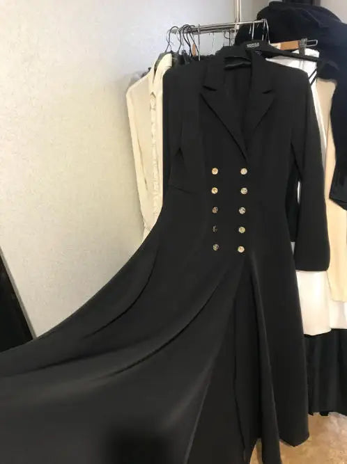 Modigirl 2025 Fall Spring Women’s Simple Black Maxi Dresses V-neck Formal Office Urban Winter Buttoned Dresses for Woman