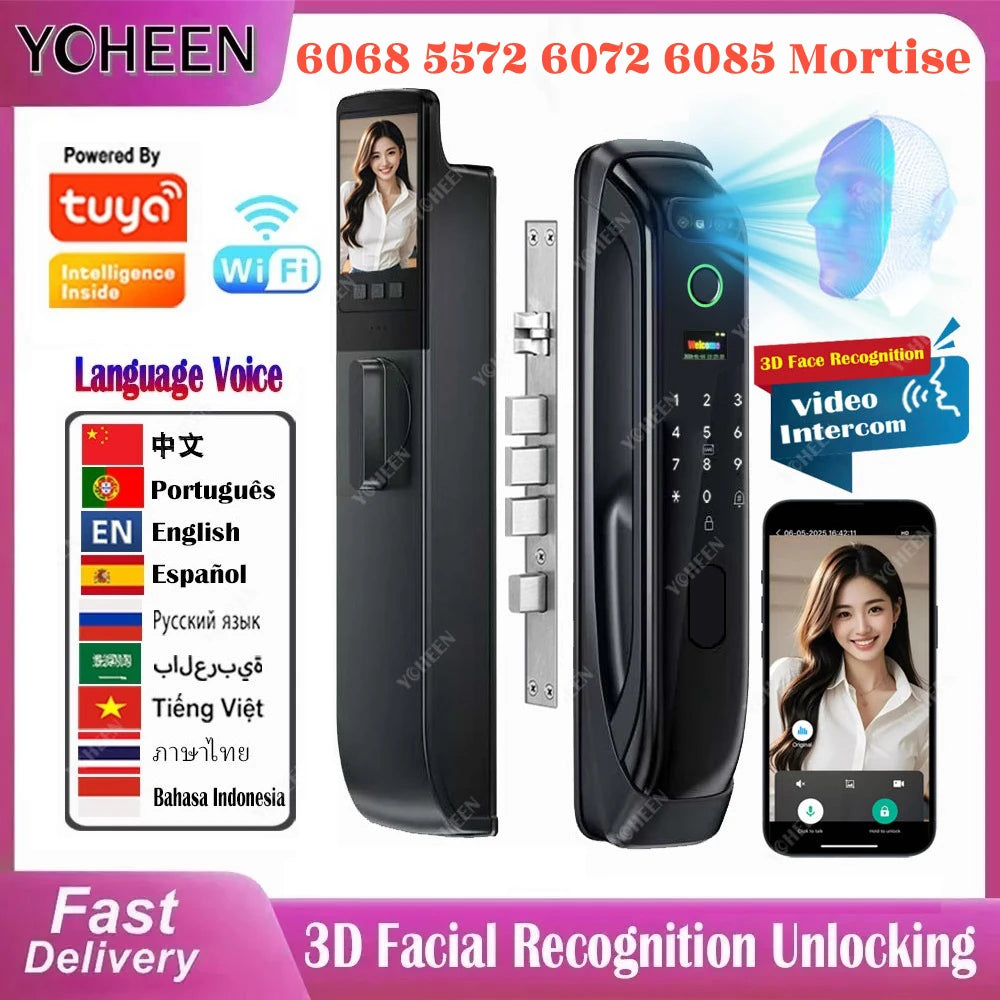 Tuya WiFi Video Intercom 3D Face Recognition Smart Lock, Biometric Camera Auto Keyless Lock for 5050 5072 5572 4585 6085 Mortise