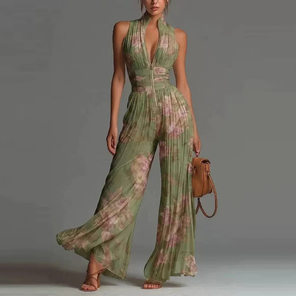 Elegant Lady Zipper Wide Leg Playsuits Stand Collar High Waist Pleat Jumpsuit Fashion Sleeveless Pure Color Slim Commute Rompers